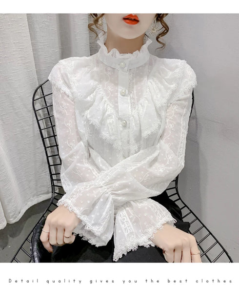 Korean Style Ruffle Stitching Lace Blouse Fashion Long Sleeve Loose Chiffon Shirt Elegant Stand Collar Pleated Tops Blusas 15832