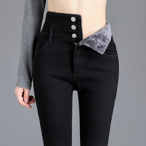 High-Waisted Fleece-Lined Slim Jeans for Women