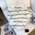 Striped Pattern Collared Short Sleeve Knit Top