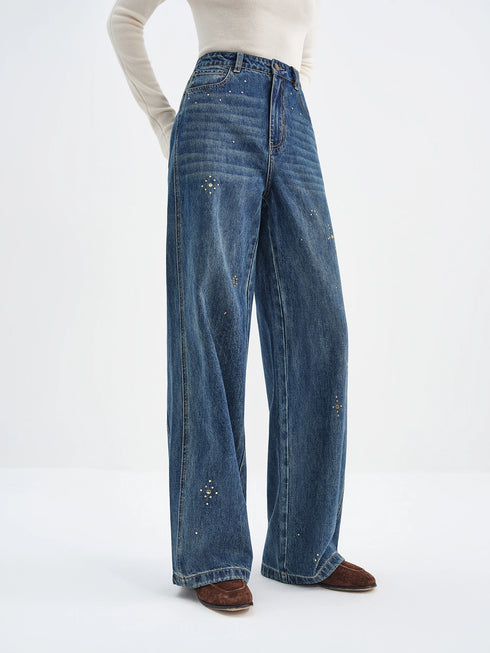 Retro Diamond Washed Straight Jeans for Women