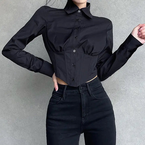 Zadily Long Sleeve Button-Up Crop Top in Black