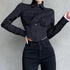 Zadily Long Sleeve Button-Up Crop Top in Black