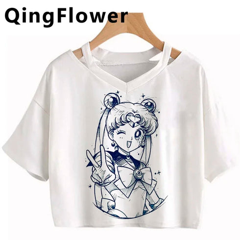 Kawaii Anime Cartoon Tee for Women - V-Neck Short Sleeve Top