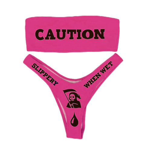 Women's Caution Print Two-Piece Bikini Set