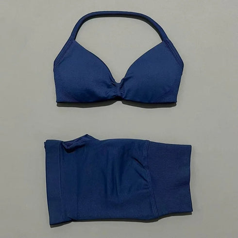 HISTELLO Women's Seamless Yoga Set with Strappy Bra and Shorts