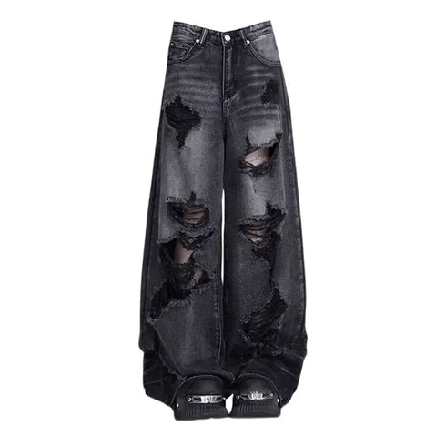Vintage Black Ripped Wide Leg Jeans for Women