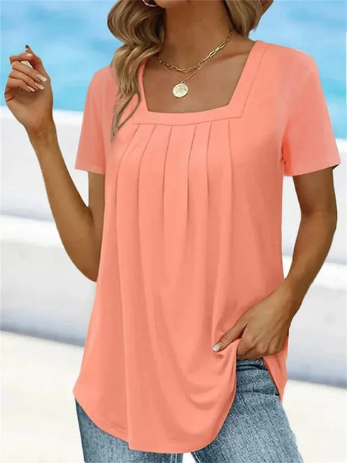 Plus Size Solid Color Pleated Square Neck Women's T-shirts Loose Short Sleeve Ruffled Lady Tee Basic Elegant Sexy Commuter Tops