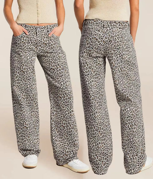 Women's Leopard Print Straight Leg Denim Jeans