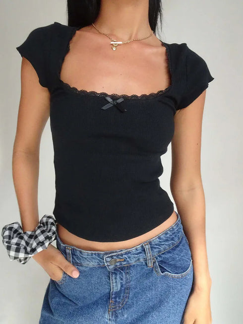 Y2K Vintage Baby Tee with Lace Trim - Summer Crop Top