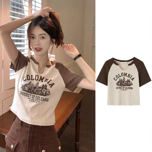 Casual O-Neck Short Sleeve Letter Print Crop Top