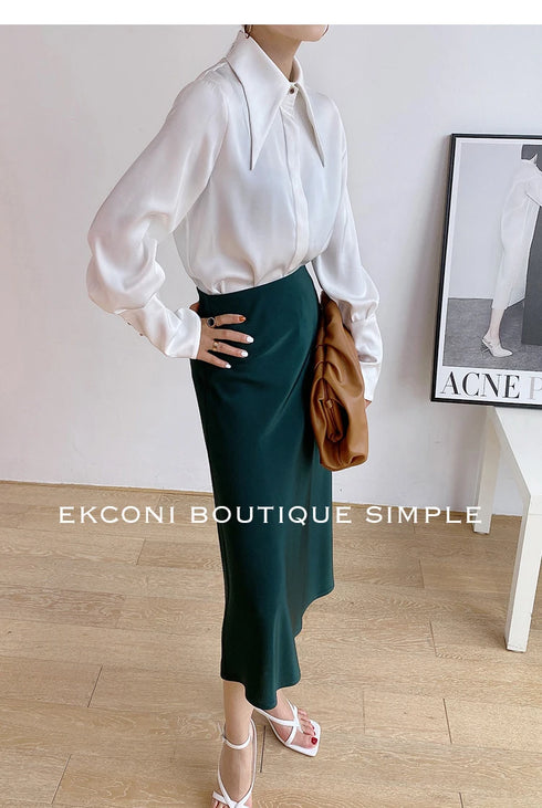 Elegant Satin Silk Blouse with Turn Down Collar