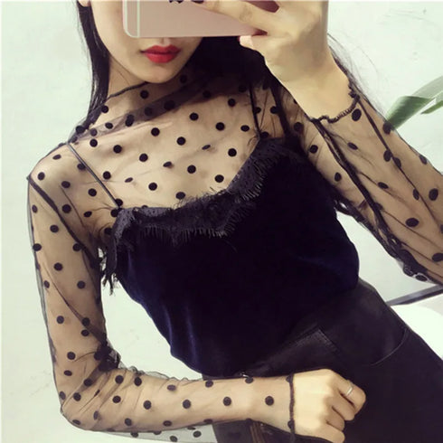 New Transparent See Through Shirt Women Sexy Harajuku Mesh Top Clubwear Lace Turtleneck Blouse Ideal for Parties and Nights Out