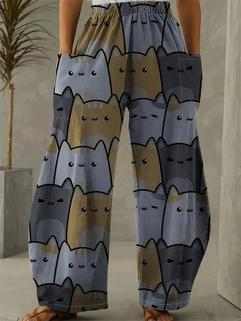 Women's Cartoon Cat Loose Wide-Leg Pants
