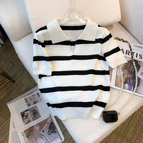 Striped Pattern Collared Short Sleeve Knit Top