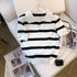Striped Pattern Collared Short Sleeve Knit Top