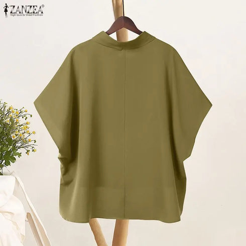 2025 ZANZEA Stylish Office Shirt Women Blouse Chic Pile Collar Half Sleeve Solid Tops Female OL Work Blusas Mujer Loose Chemise