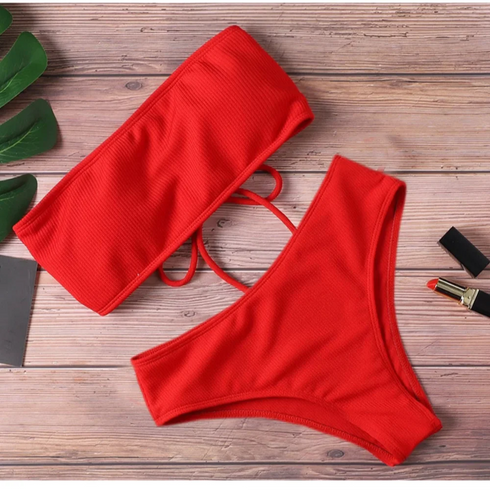 Strapless High Waist Bikini Set in Red