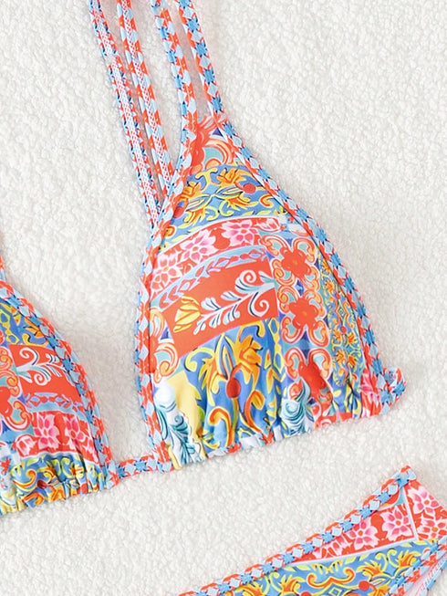 Floral Printed Adjustable Triangle Bikini Set