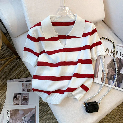 Striped Pattern Collared Short Sleeve Knit Top