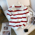 Striped Pattern Collared Short Sleeve Knit Top