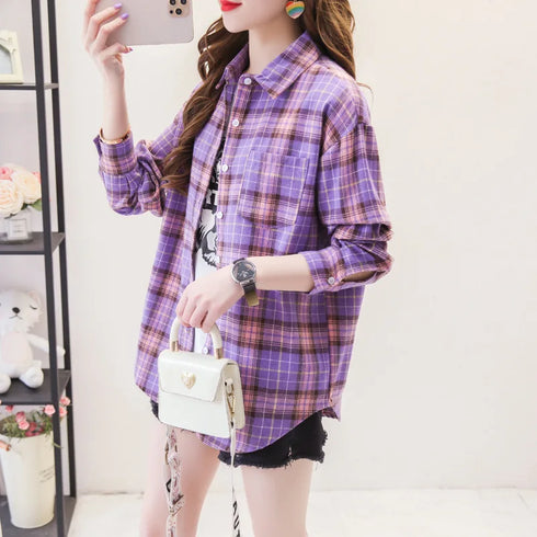 Loose Fit Cotton Plaid Shirt for Women