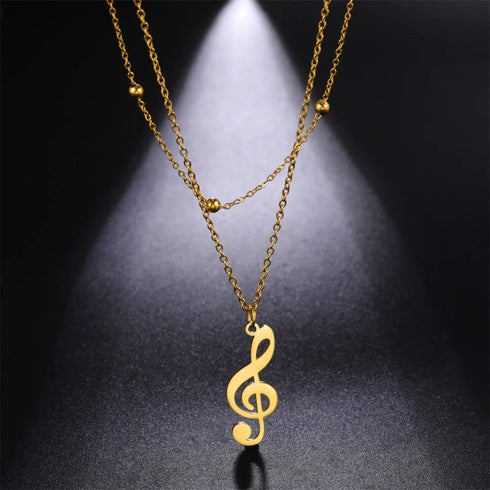 Lemegeton Stainless Steel Musical Note Pendant Necklace Double Layered Beads Chain Women Punk Hip Hop Jewelry Gifts