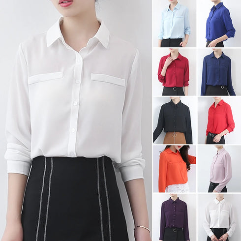 Simple Solid Color Loose Women's Chiffon Shirt Tops 2023 New Long Sleeve Casual Elegance Woman Blouses Lady Office Shirt Clothes