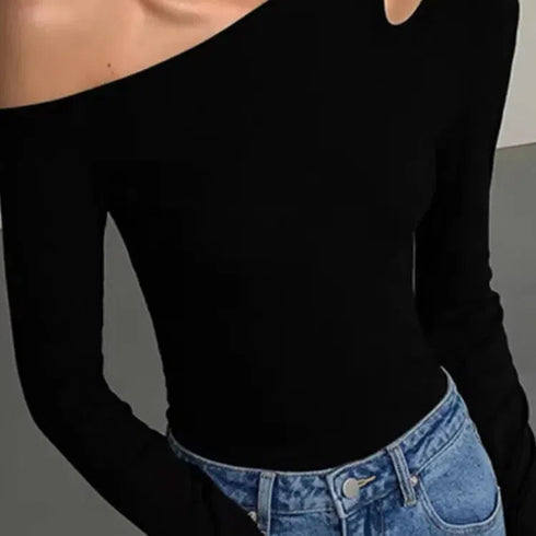 Skew Collar Off-Shoulder Long-Sleeved Crop Top