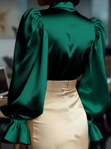 Elegant Satin Blouse with Ruffled Cuff Sleeves