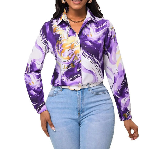 Women's Purple Gold Marble Print Satin Blouse