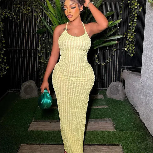 Kliou Solid Ruched Maxi Dress - Backless Bodycon Style