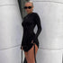 Long Sleeve Black Drawstring Bodycon Mini Dress