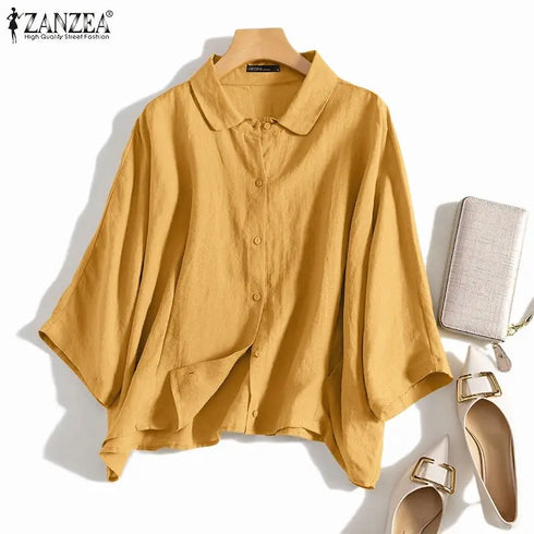 ZANZEA Elegant 3/4 Sleeve Lapel Neck Blouse for Women