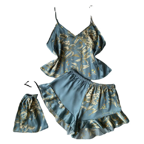3 Pcs Floral Silk Pyjama Set with Shorts & Bag