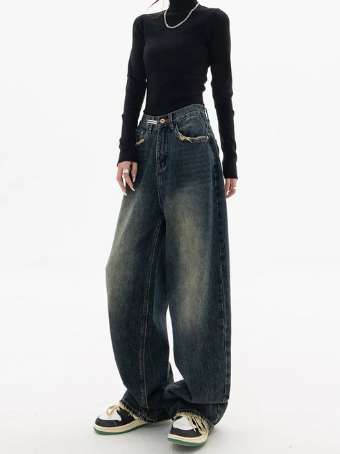 High Waist Wide Leg Jeans in Navy Blue