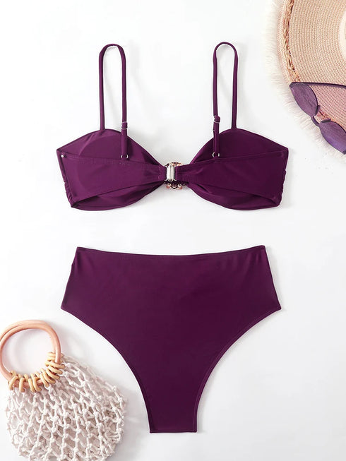 High Waist Bandeau Bikini Set in Purple
