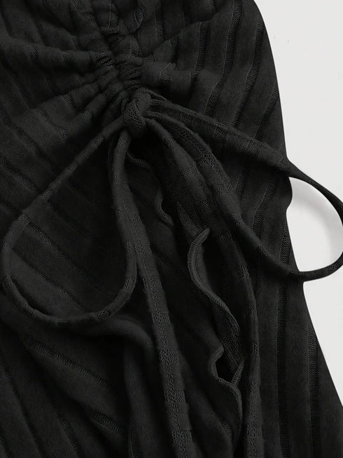 Women's V-neck plain-color drawstring casual comfortable large-size T-shirt