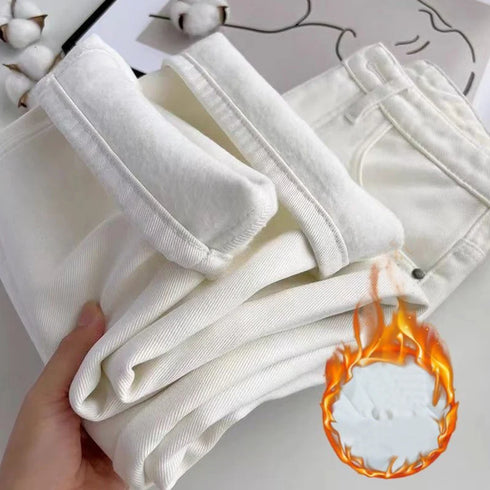 High Waist Fleece Thermal Denim Pants for Women