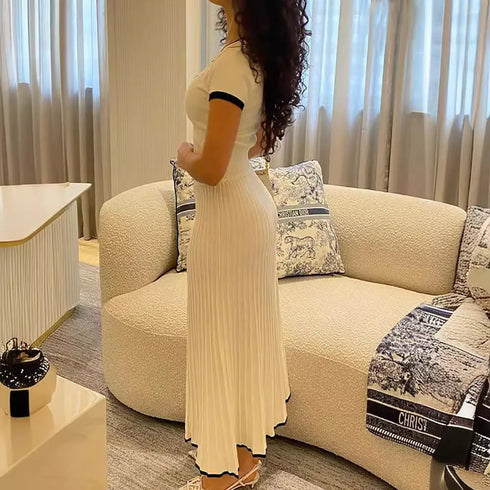 Elegant White Pleated Skirt Set with Short Sleeve Top