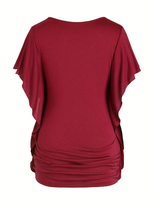 Plus Size Women's Ruffle Sleeve Slant Placket T-shirt