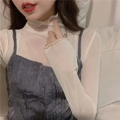 Chic See-Through Long Sleeve T-Shirt in Pink & Green