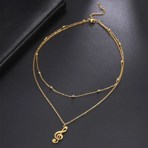 Lemegeton Stainless Steel Musical Note Pendant Necklace Double Layered Beads Chain Women Punk Hip Hop Jewelry Gifts
