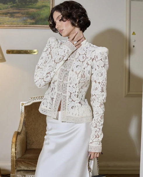 White Lace Hollow Out Blouse for Women