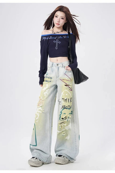 Trendy Y2K Vintage Wide Leg Jeans with Artistic Print