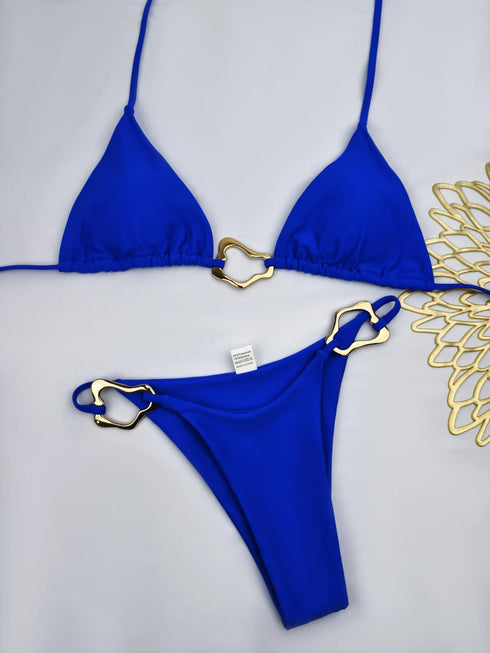 Solid Colour Lace-Up Two-Piece Bikini Set
