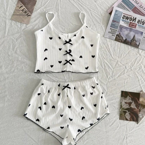 Heart Print Women's Pyjama Set with Frill Trim