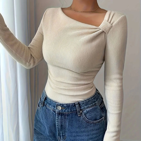 Elegant Asymmetrical Long Sleeve Pleated T-Shirt in Beige
