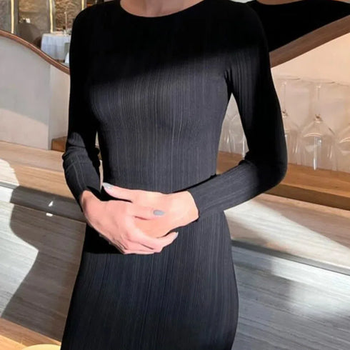 Women Spring Autumn Solid Color Bodycon Knit Dress Long Sleeve Crew Neck Ribbed Dress Slim Fit Long Dress for Effortless Elegance