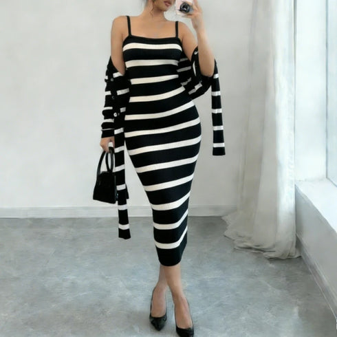 Women's 2-Piece Knit Cardigan and Striped Dress Set