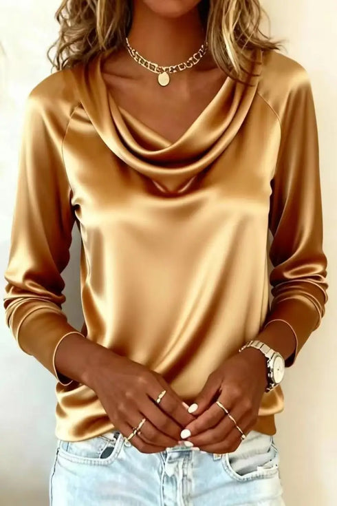 Luxurious Draping Long Sleeve Silk-Like Top
